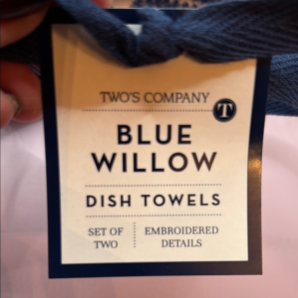 Two’s Company Blue &White Willow Dish Towels with Tassels - Set of 2 - Picture 2 of 11
